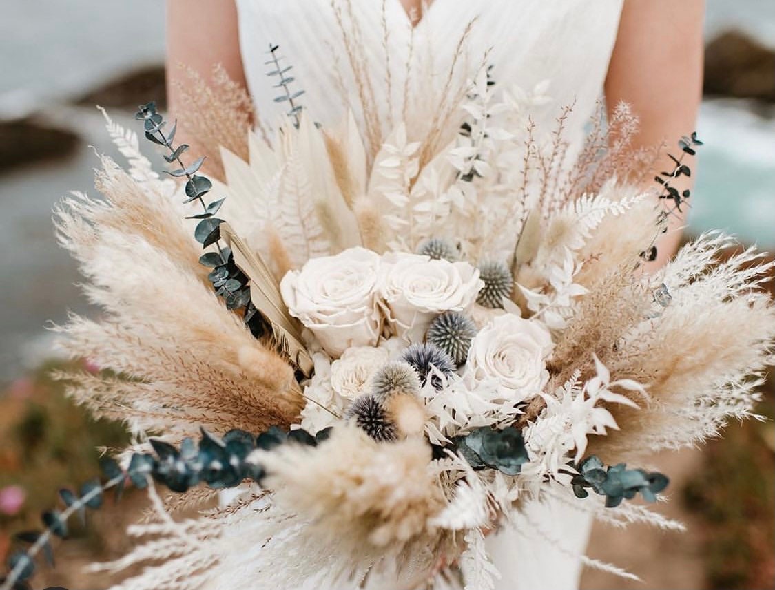 Dusty blue thistle and pampas grass bouquet/ Bride and Bridesmaids/ Dried Flower Bouquet/ Wedding Flowers