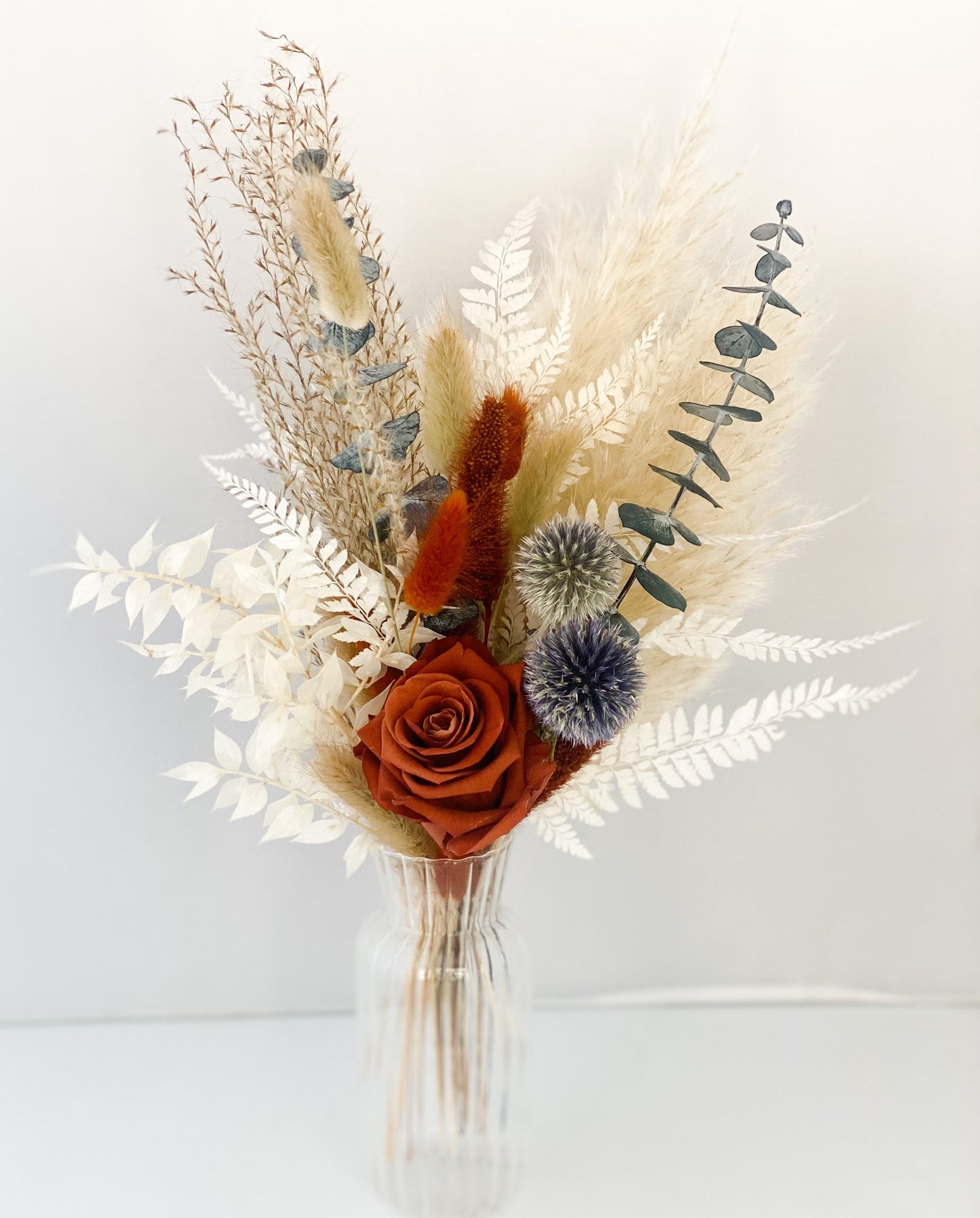 Rust + Dusty Blue Dried Flower Bud Vase Arrangement, Wedding Flowers, Home decor, Dried Flowers