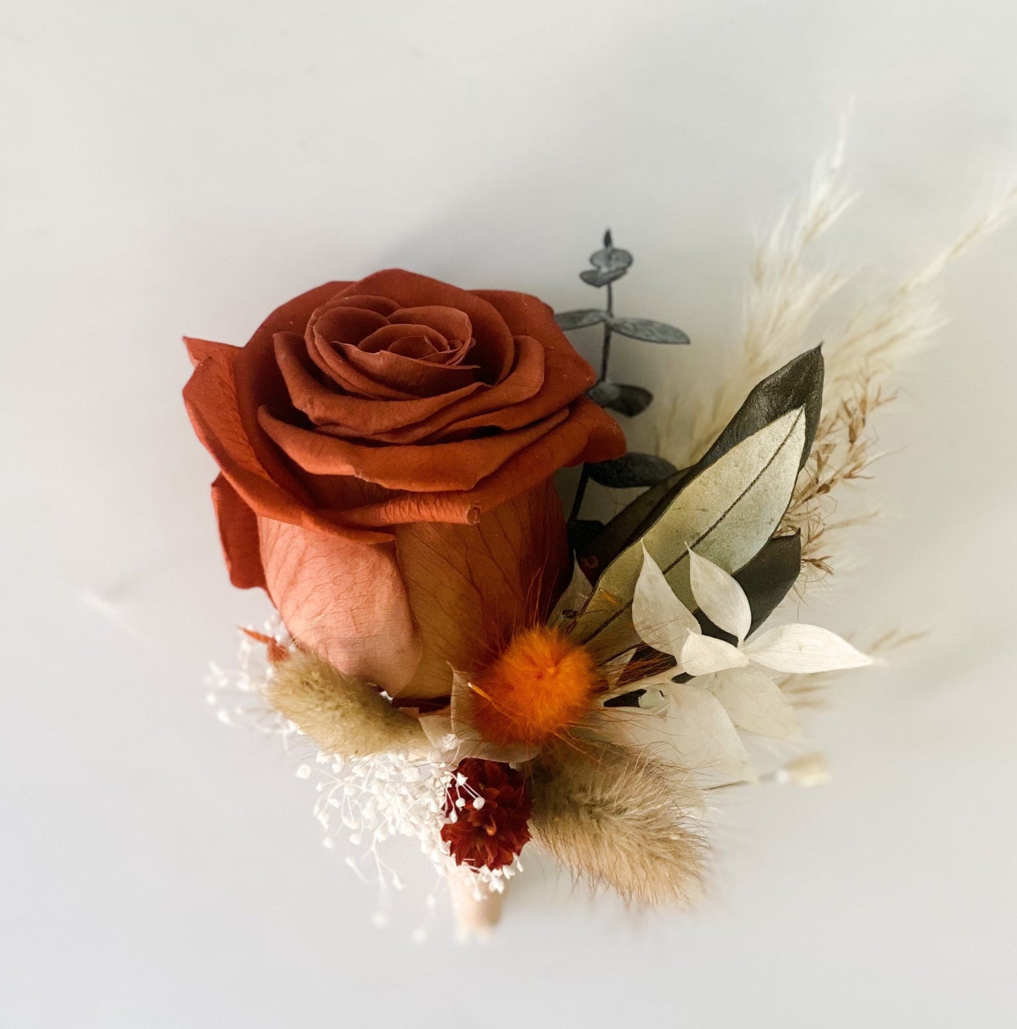 Rust rose, terracotta + greenery Boutonniere/ Wedding Flowers/ Groom and Groomsmen/ Dried Flowers