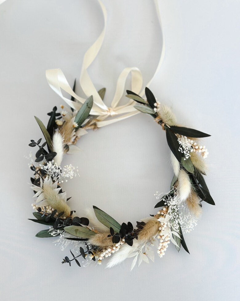 Olive + Eucalyptus Dried Flower Crown/ Wedding Hair/ Bride and Bridesmaids/ Flower Girl/ Photoshoot