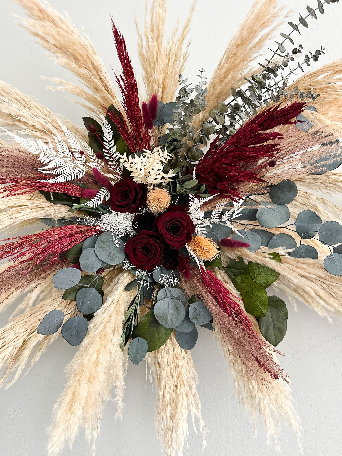 Burgundy Pampas Grass + Greenery Arch or Wall Decor, Dried Flowers, Arbor