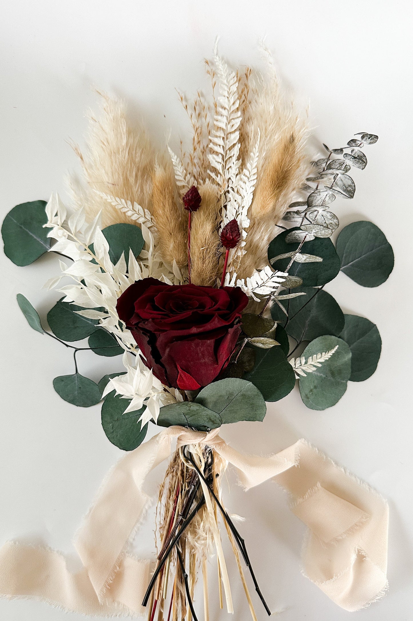Mini Burgundy Rose, Eucalyptus + Pampas Grass Bouquet