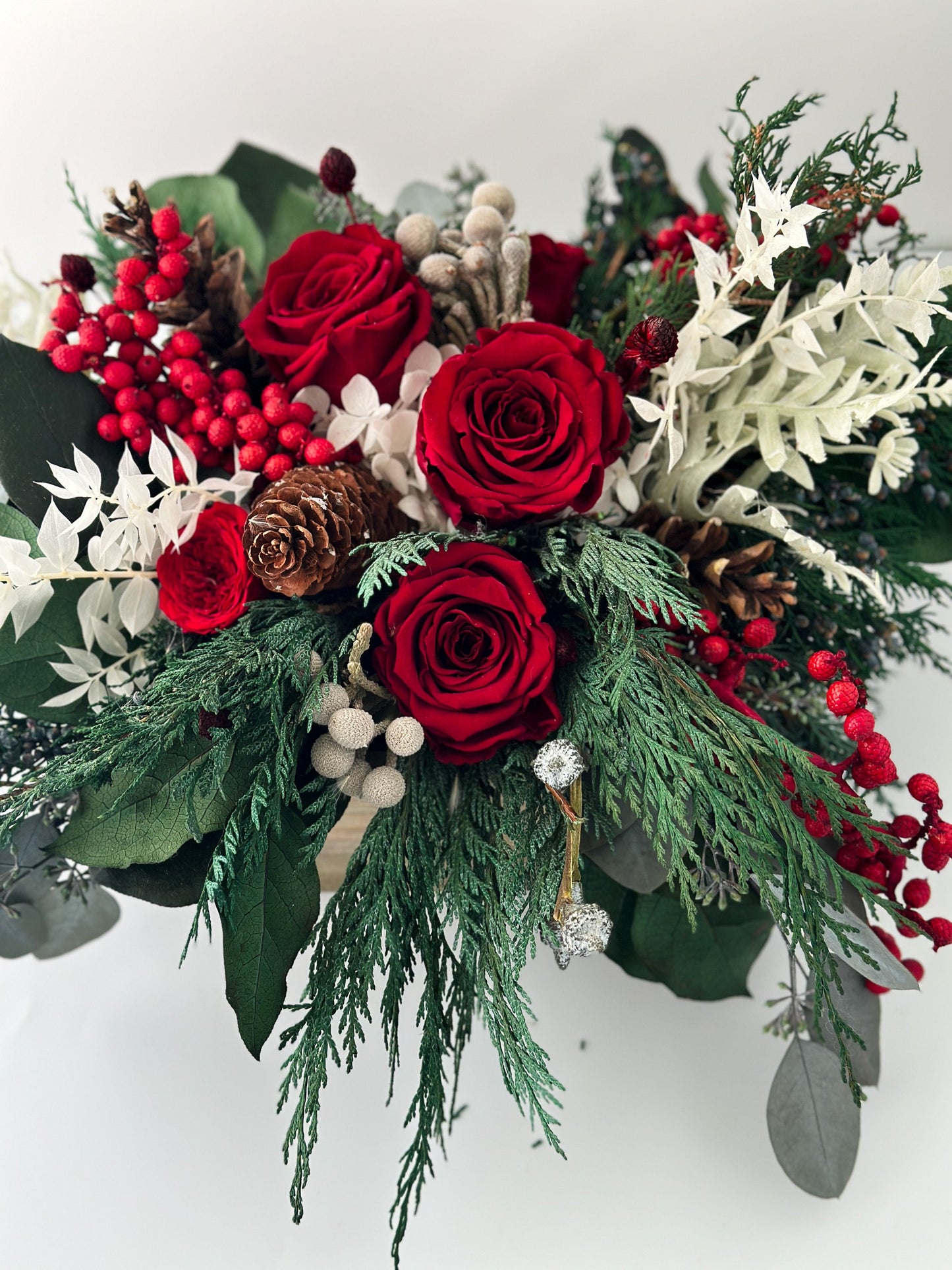 Everlasting Cedar, Juniper + Red Rose Holiday Centerpiece
