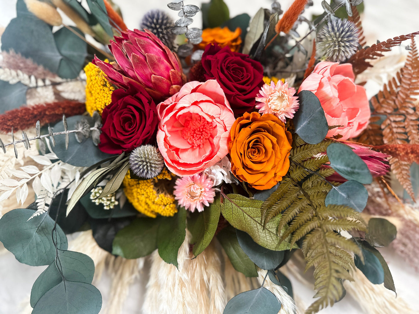 Colorful Dried Flower + Pampas Grass Sweetheart Table Centerpiece