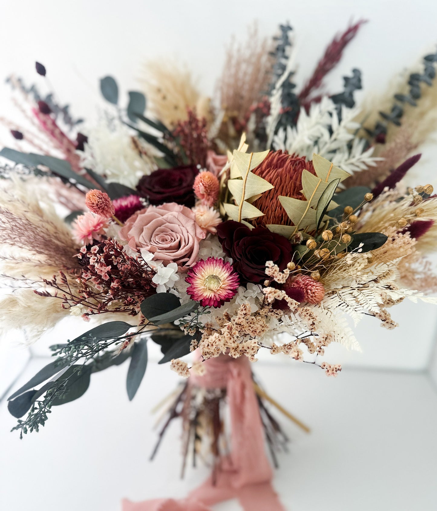 Dusty Rose, Burgundy + Greenery Pampas Grass Bouquet/ Bride and Bridesmaids/ Dried Flower Bouquet/ Wedding Flowers
