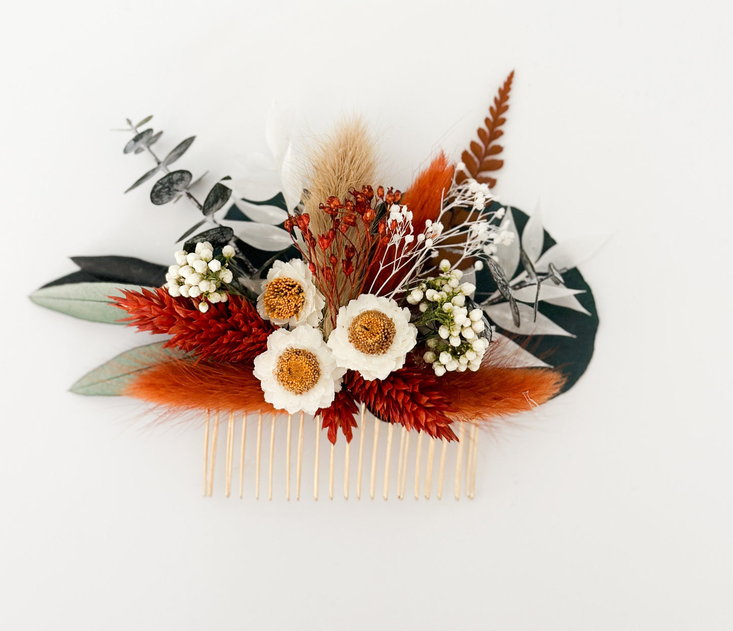 Rust + Terracotta and Eucalyptus Dried Flower Hair Comb/ Wedding Hair/ Bride and Bridesmaids/ Flower Girl/ Photoshoot