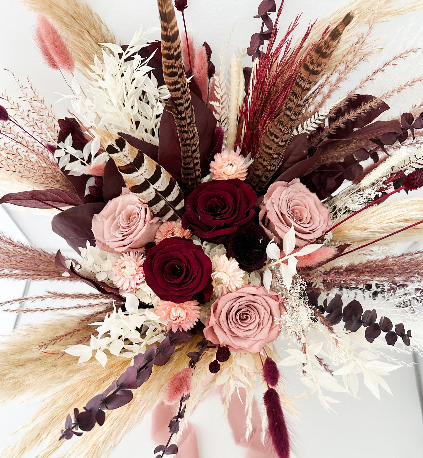 Dusty Rose, Blush + Burgundy Pampas Grass Bouquet/ Bride and Bridesmaids/ Dried Flower Bouquet/ Wedding Flowers