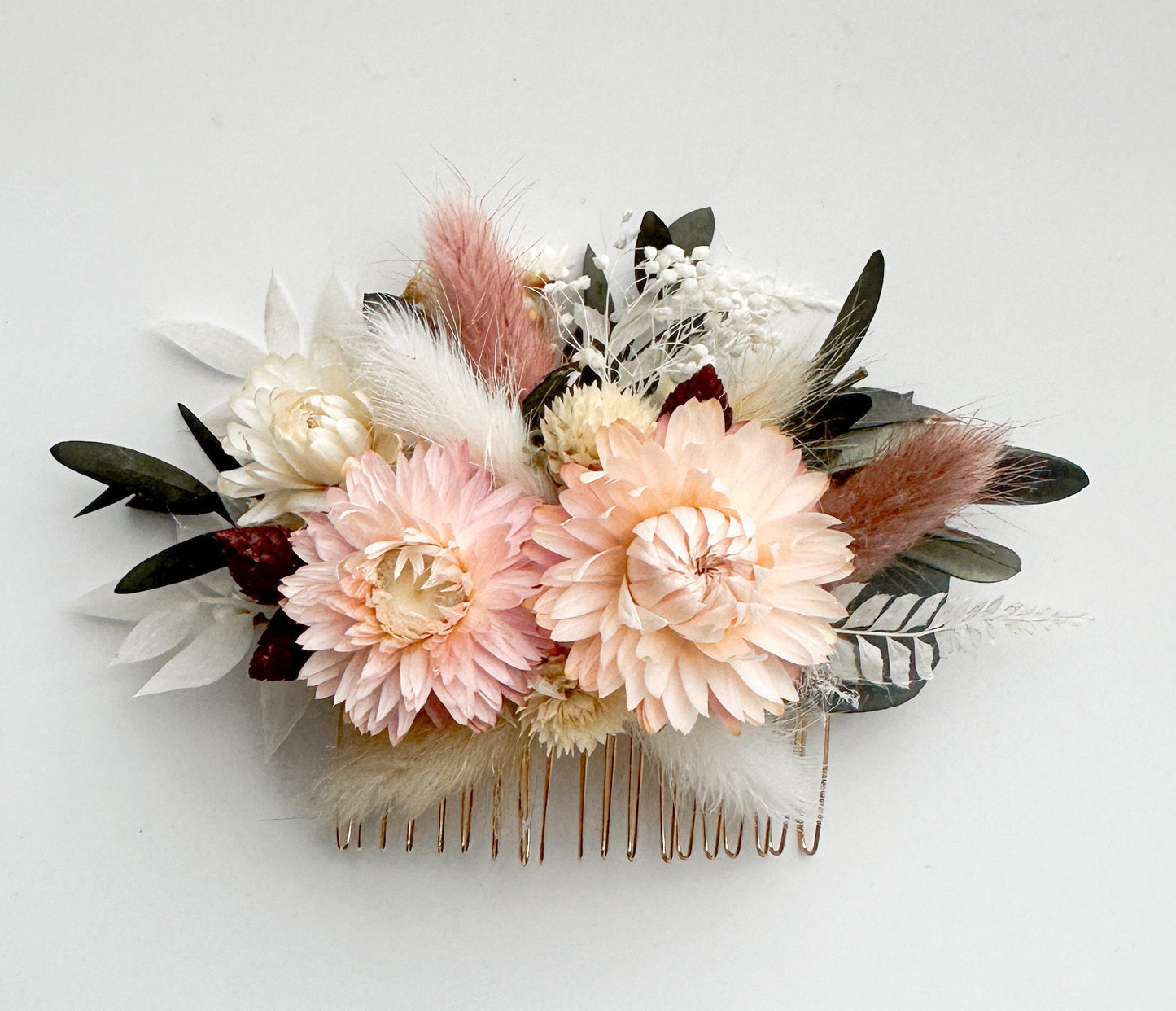 Blush, Dusty Rose + Greenery Dried Flower Hair Comb/ Wedding Hair/ Bride and Bridesmaids/ Flower Girl/ Photoshoot