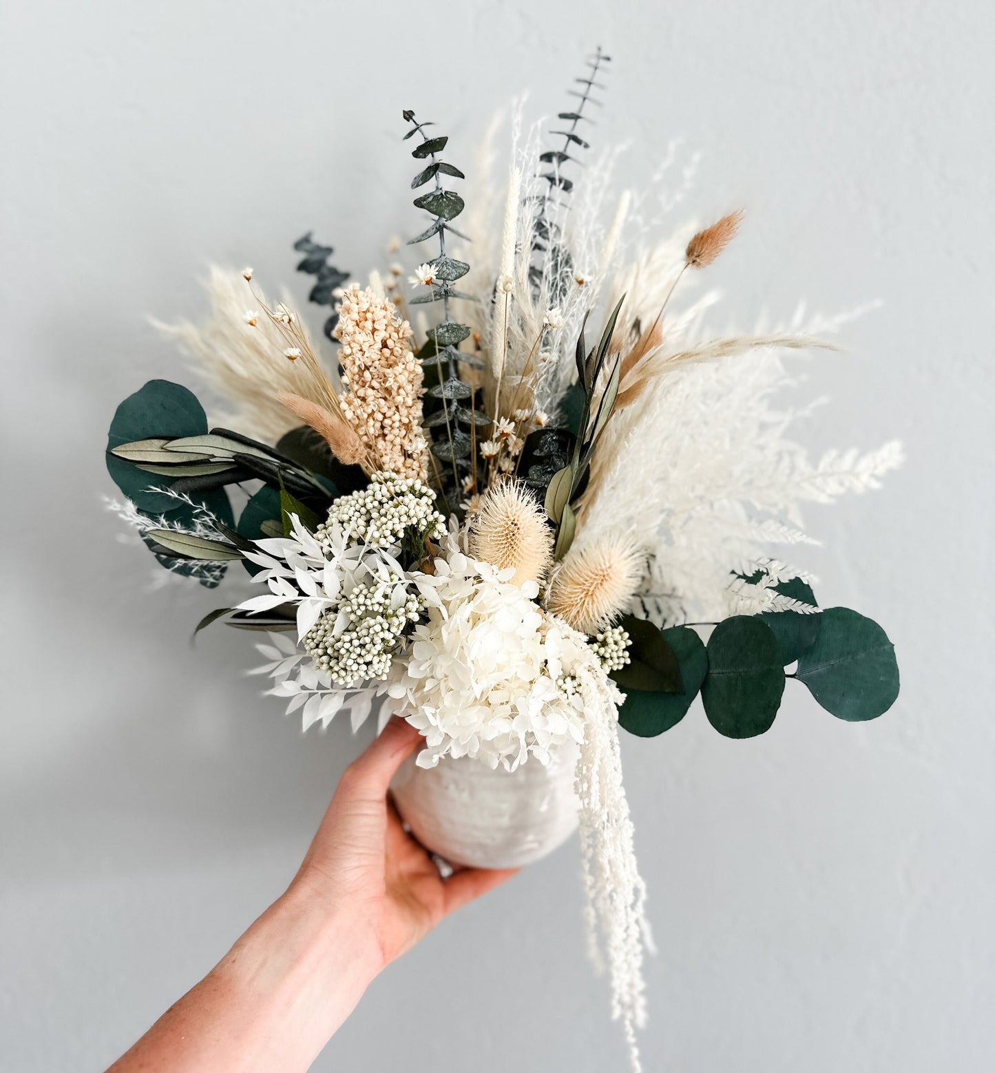 White + Eucalyptus Dried Flower Vase Arrangement / Centerpieces / Home Decor