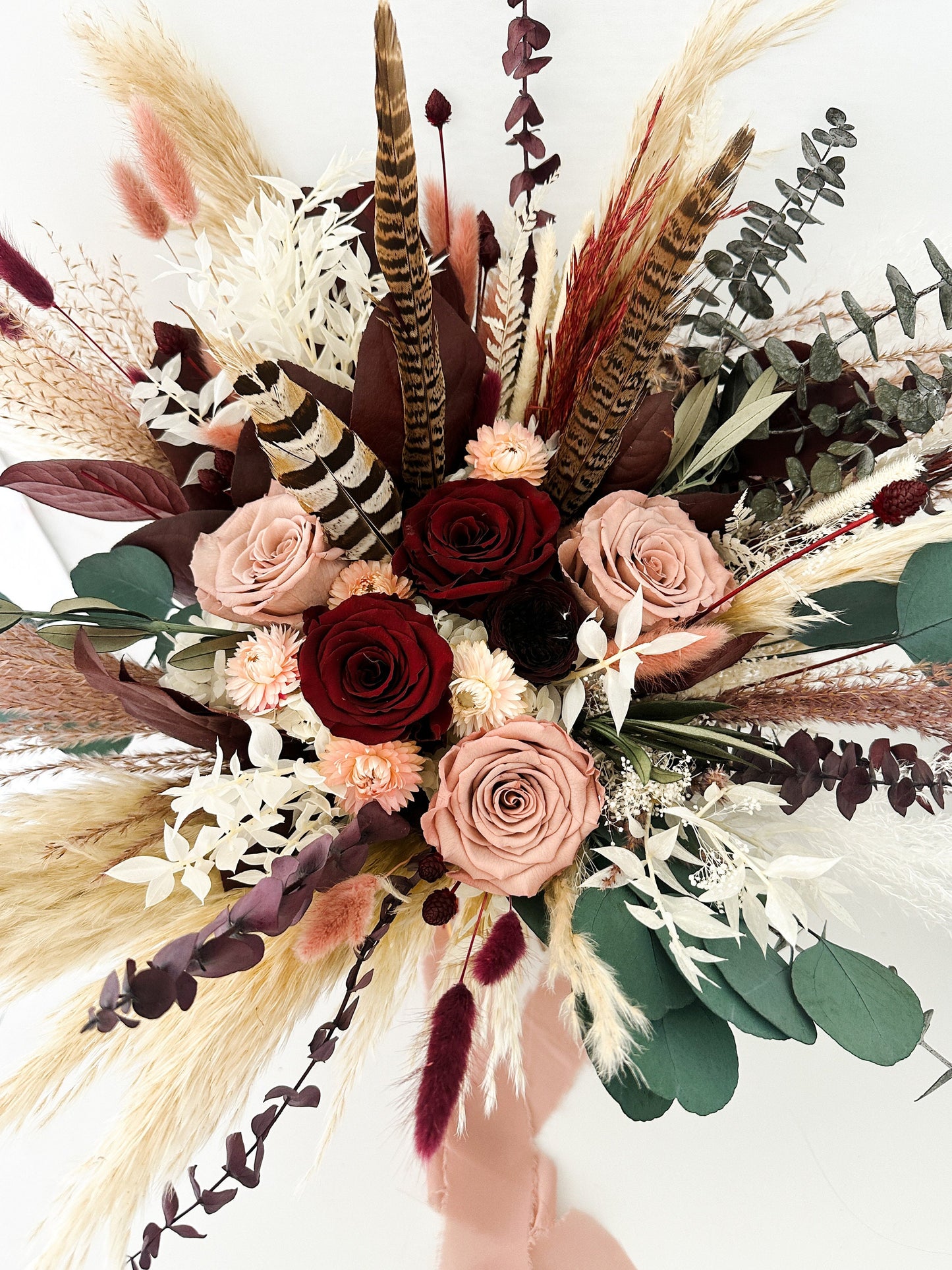 Dusty Rose, Blush, Burgundy + Greenery Pampas Grass Bouquet/ Bride and Bridesmaids/ Dried Flower Bouquet/ Wedding Flowers