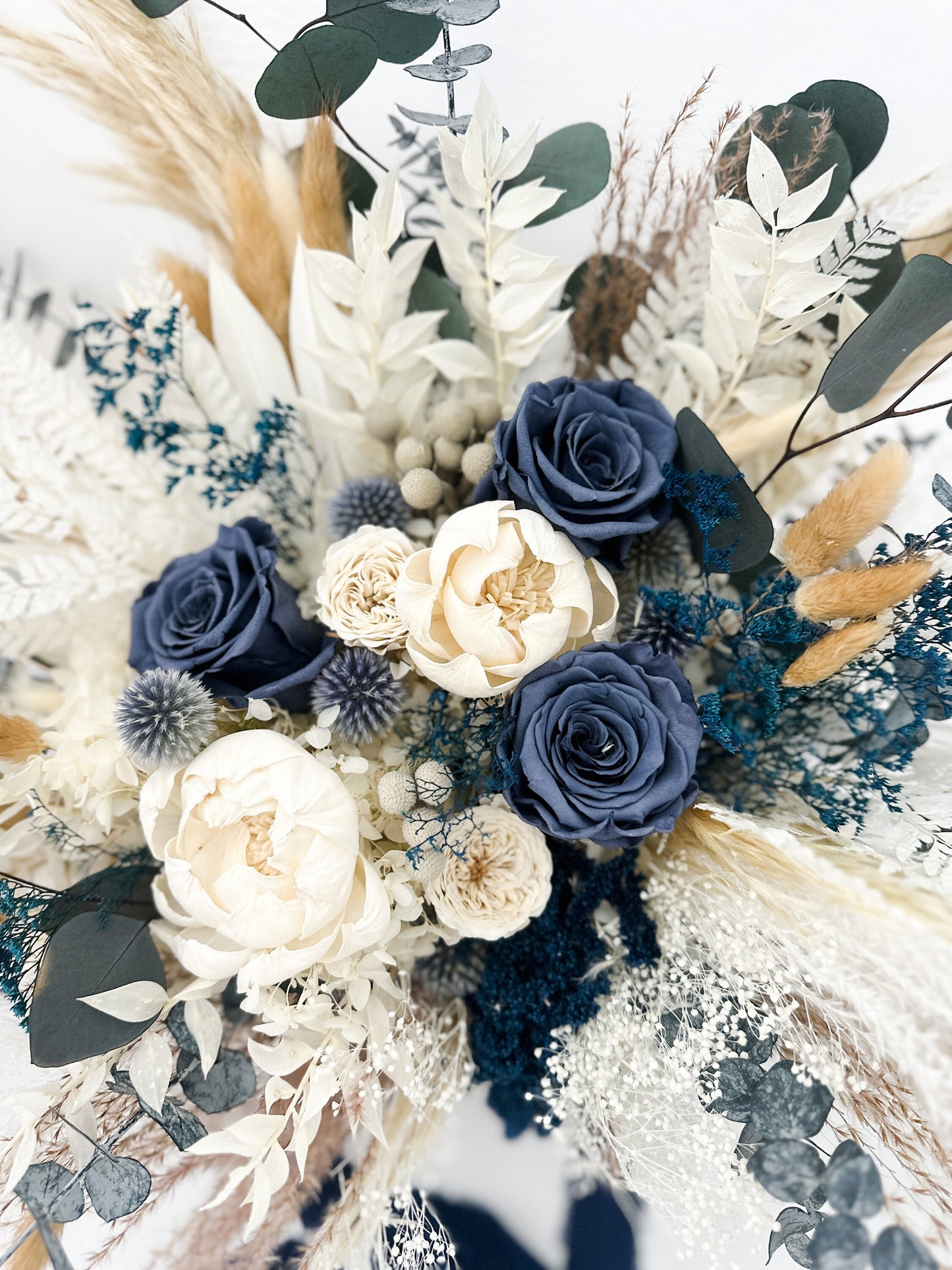 Navy, Dusty Blue Roses + White Peony Pampas Grass Bouquet/ Bride and Bridesmaids/ Dried Flower Bouquet/ Wedding Flowers