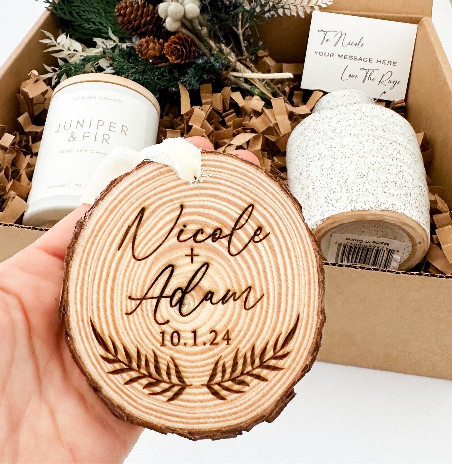 Customized Ornament Gift Box with Candle, Wood slice ornament , and Small Dried Flower Arrangement.