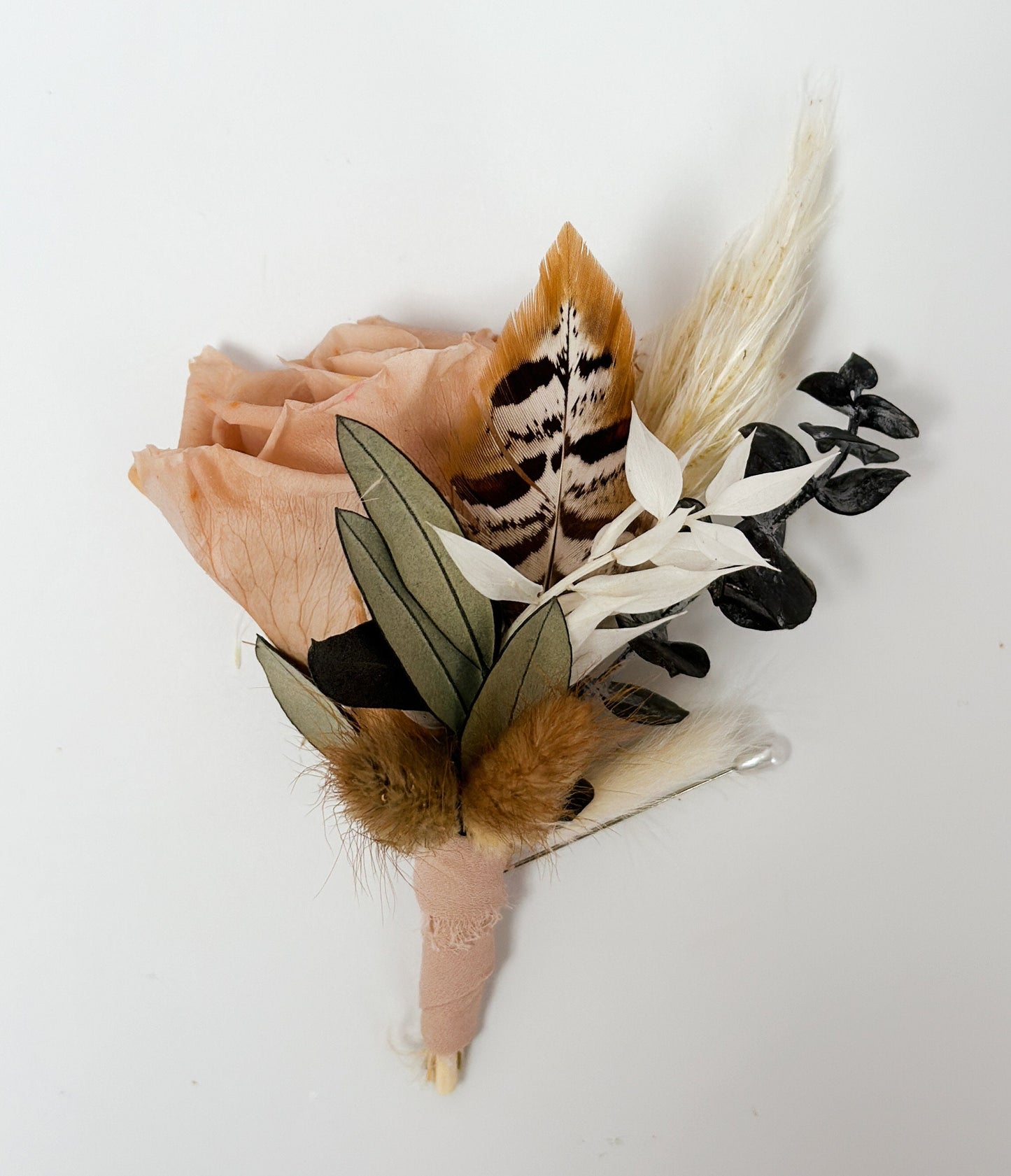 Nude Rose + Greenery Boutonniere/ Wedding Flowers/ Groom and Groomsmen/ Dried Flowers