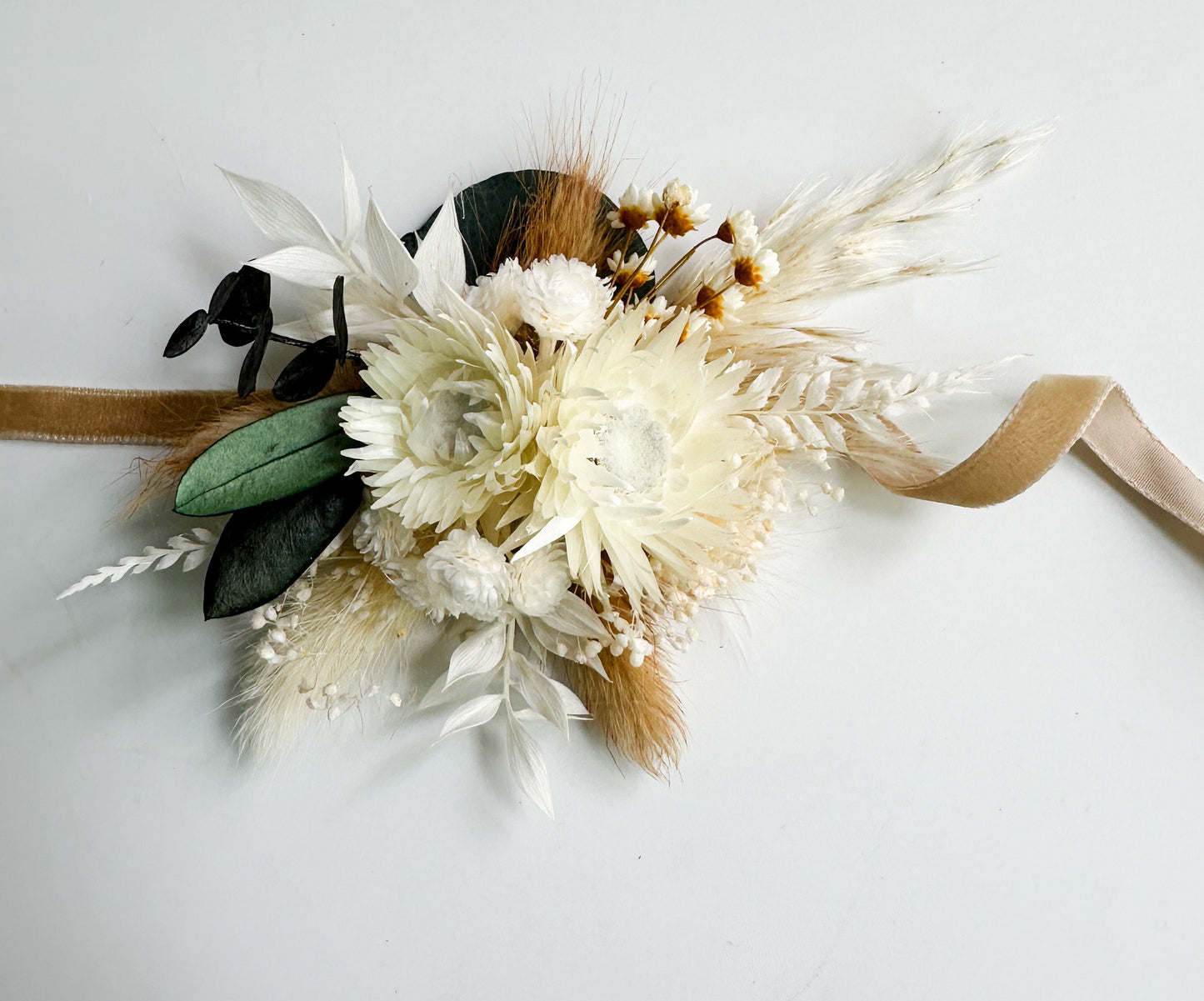 White and Greenery Dried Floral Corsage/ Wedding Flowers/ Dried Flowers