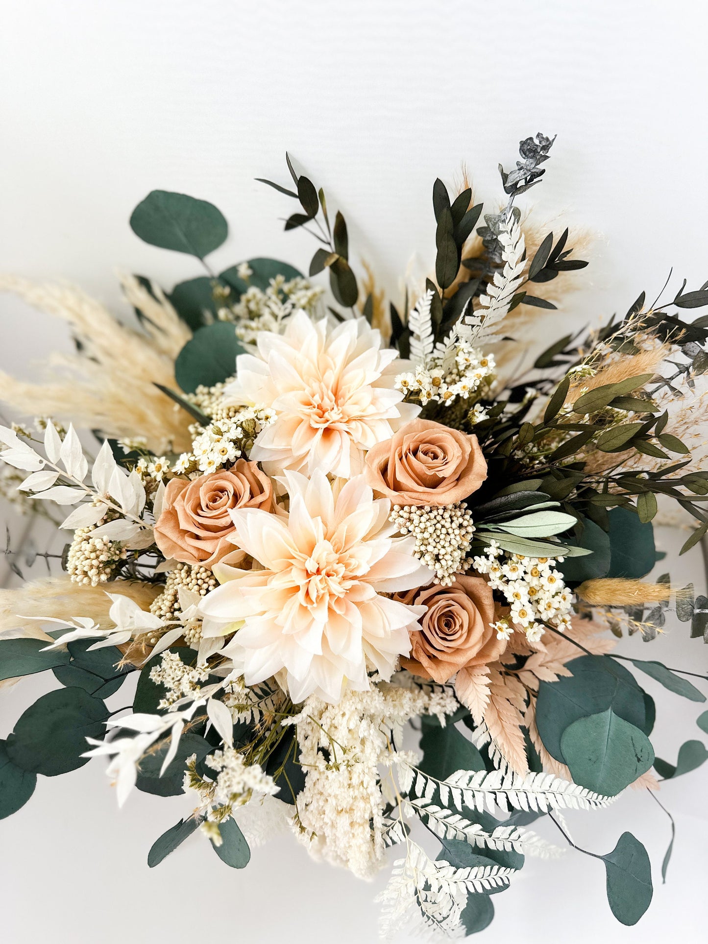 Blush Dahlia, Nude Rose + Greenery Dried Floral Bouquet with Silk Faux Dahlias/ Wedding Flowers/ Bride and Bridesmaids Bouquets