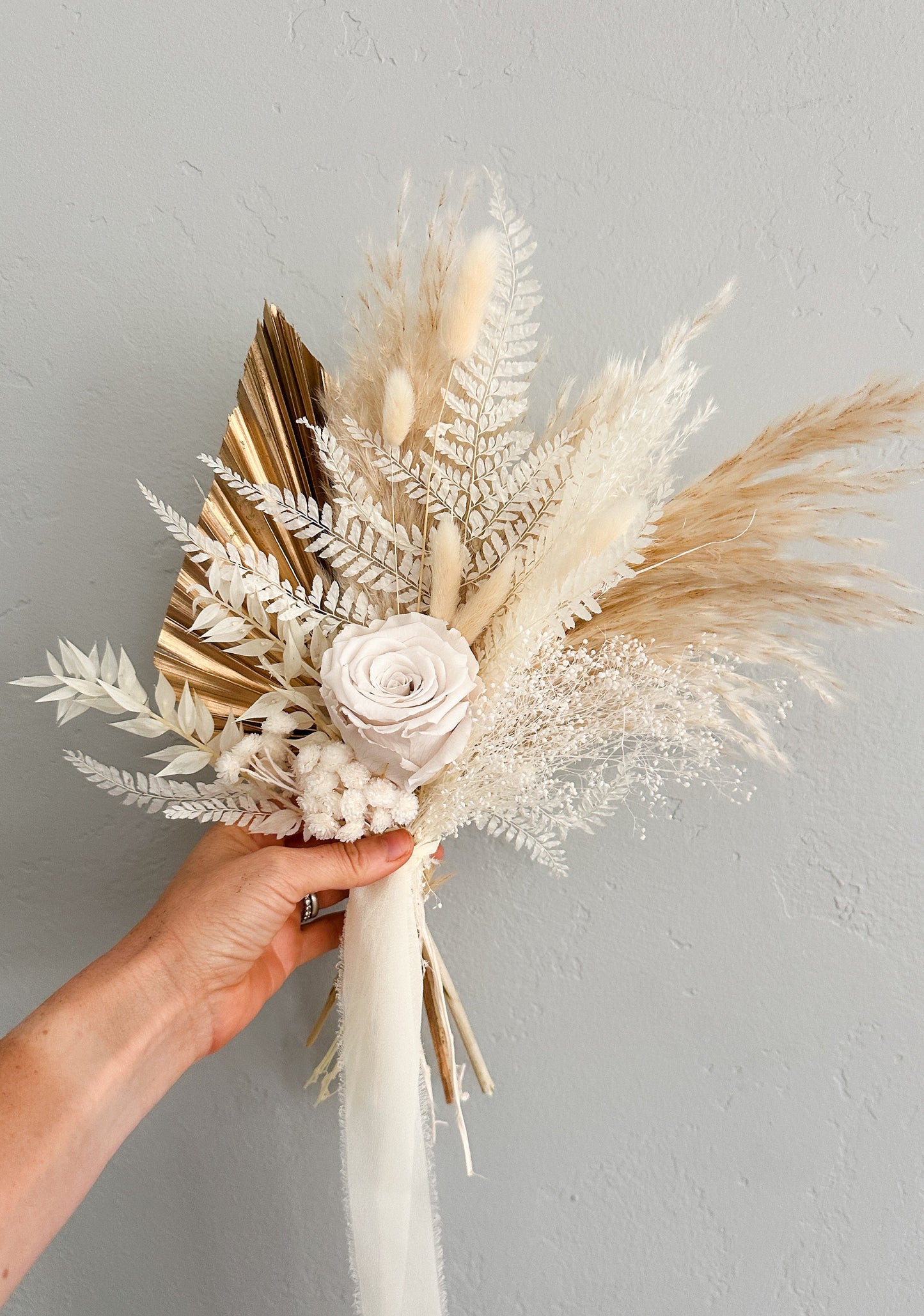 Mini White Rose + Gold Pampas Grass Bouquet, Wedding Flowers, Home decor, Dried Flowers, Bridemaids