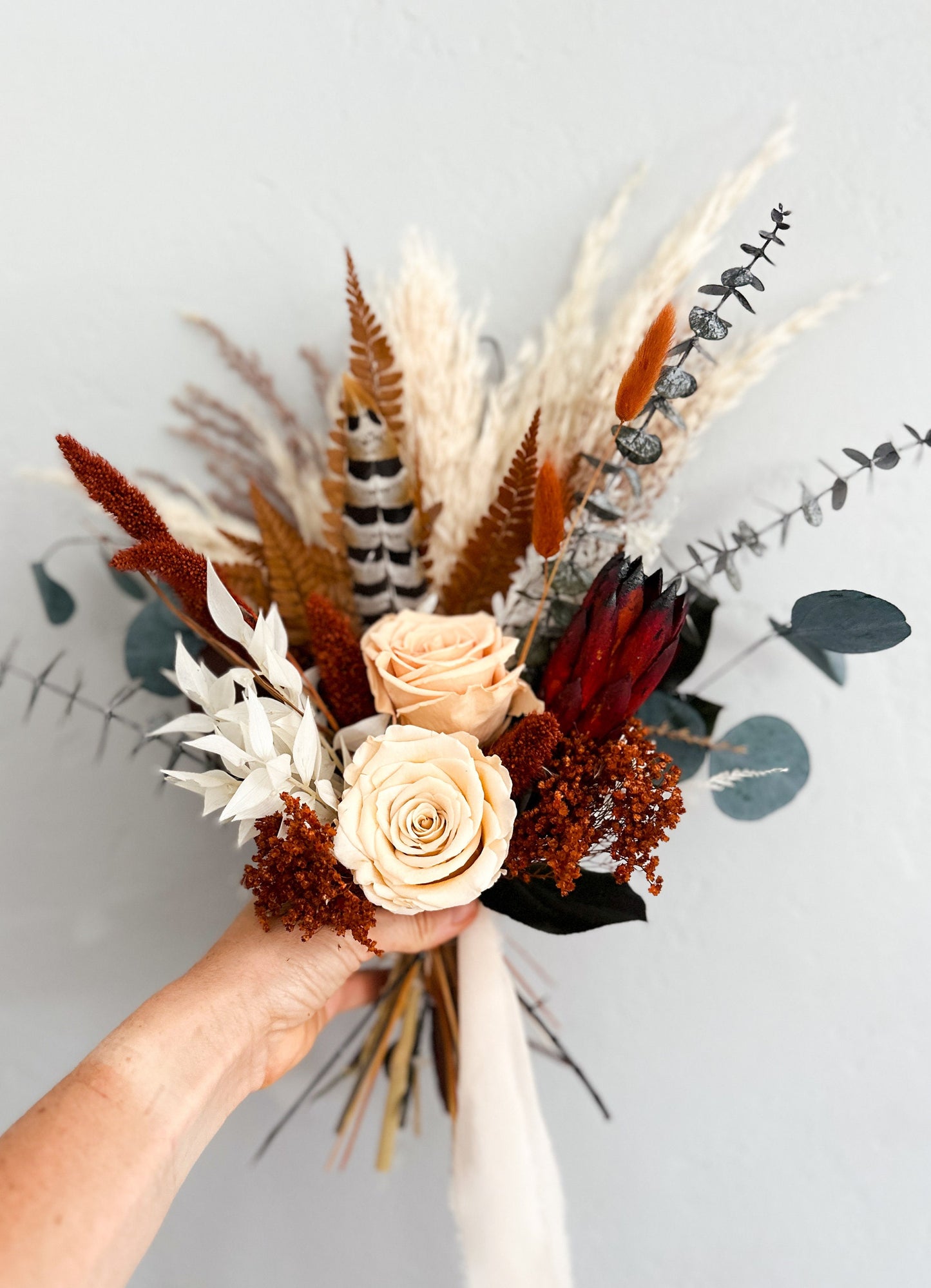 Small Rust, Peach, Blush + Pheasant Feather Pampas Grass Bouquet/ Bride and Bridesmaids/ Dried Flower Bouquet/ Wedding Flowers