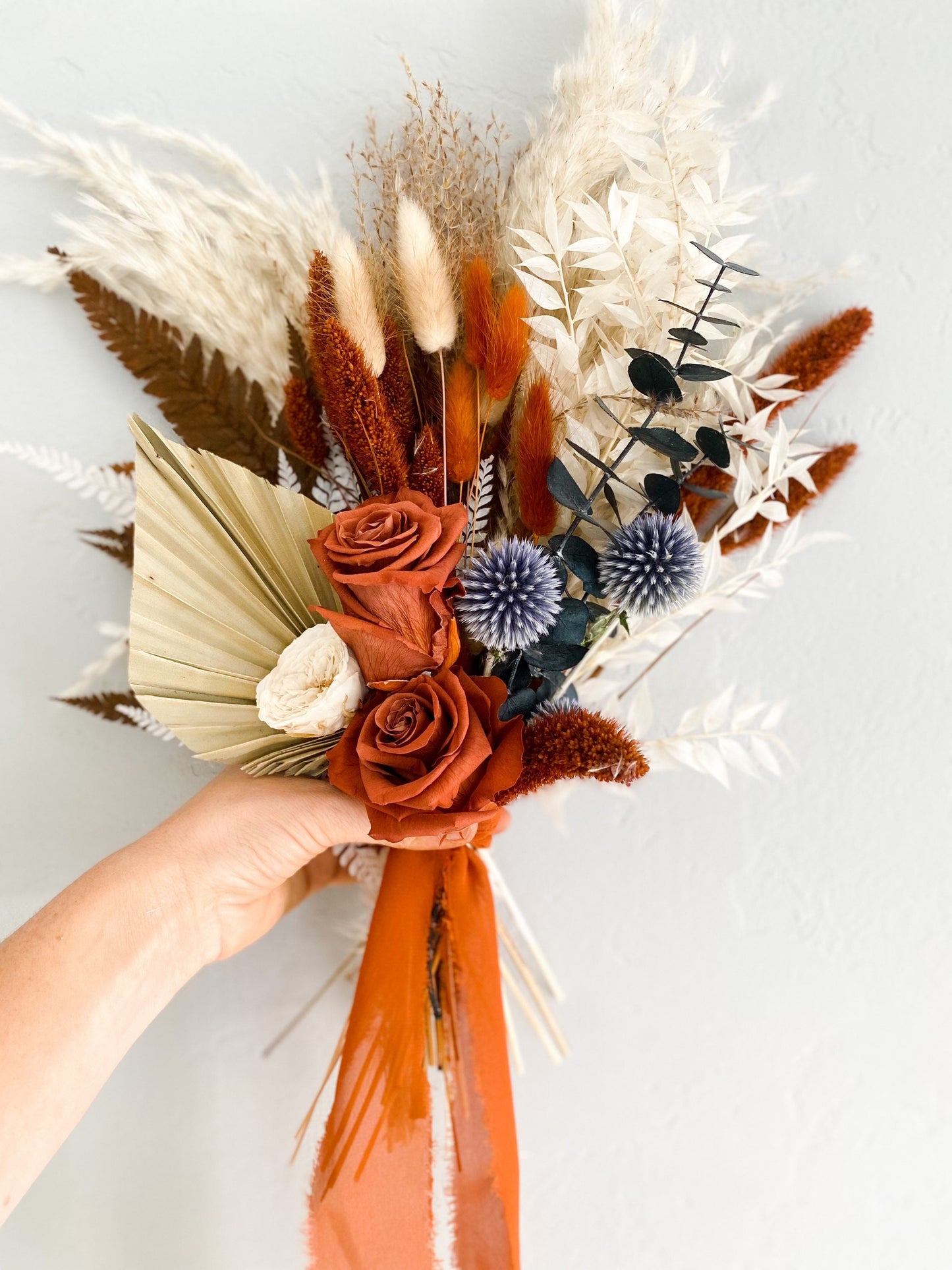 Small Rust Rose + Dusty Blue Bouquet/ Bride and Bridesmaids/ Dried Flower Bouquet/ Wedding Flowers