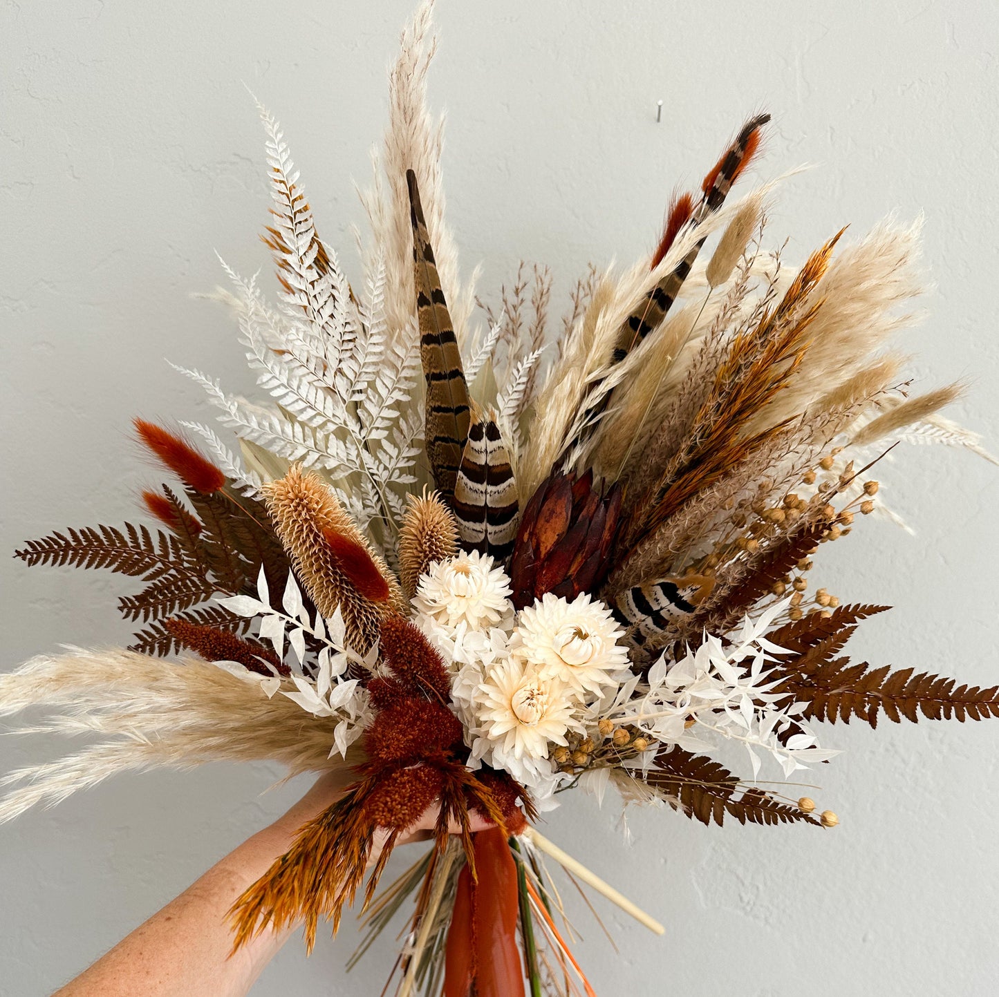 Small Terracotta + Rust Pheasant Feather Bouquet/ Bride and Bridesmaids/ Dried Flower Bouquet/ Wedding Flowers