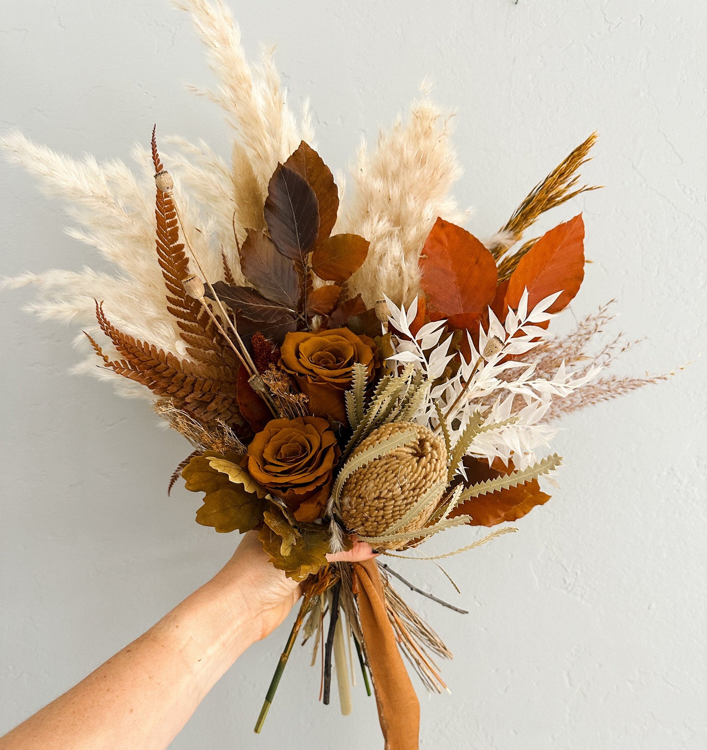 Small Toffee Rose + Fall Leaf Bouquet/ Wedding Flowers
