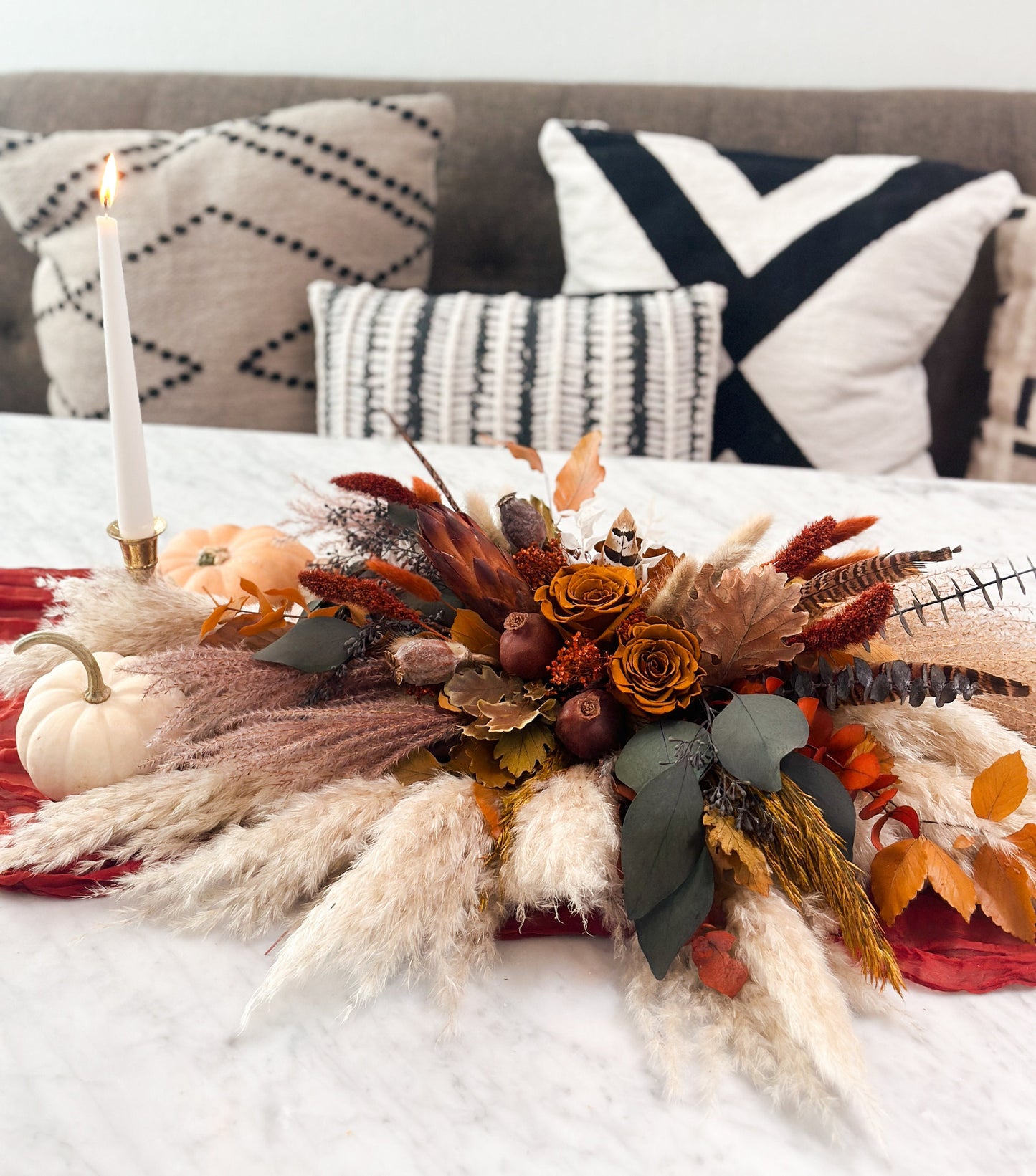 Terracotta Pheasant Feather Fall Centerpiece