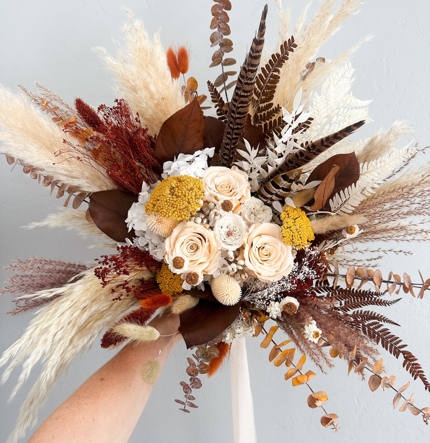 Terracotta, Mustard + Pheasant Feather Pampas Grass Bouquet/ Bride and Bridesmaids/ Dried Flower Bouquet/ Wedding Flowers
