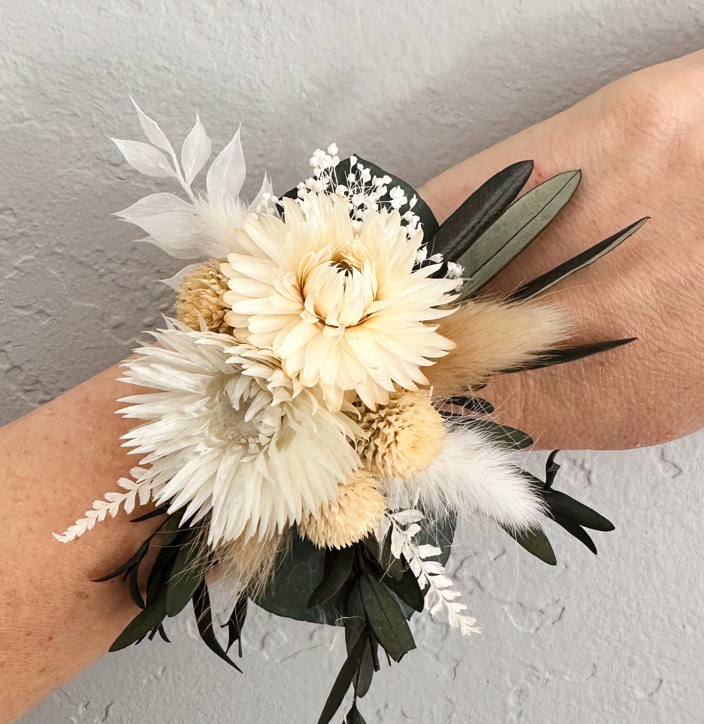 White, Cream + Greenery Strawflower Corsage/ Wedding Flowers/ Dried Flowers