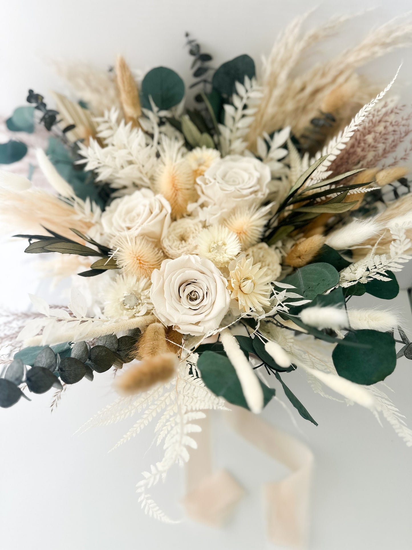White Rose, Strawflower + Eucalyptus Dried Pampas Grass Bouquet/ Bride and Bridesmaids/ Dried Flower Bouquet/ Wedding Flowers