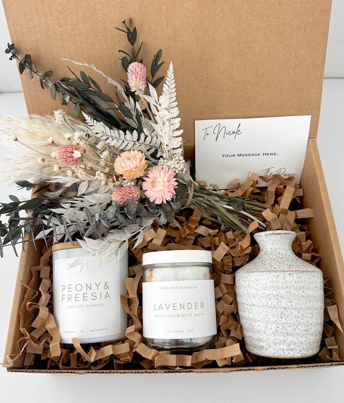 Spring Floral Inspired Seasonal Gift Box with Candle, Bath Salts and Small Dried Flower Arrangement