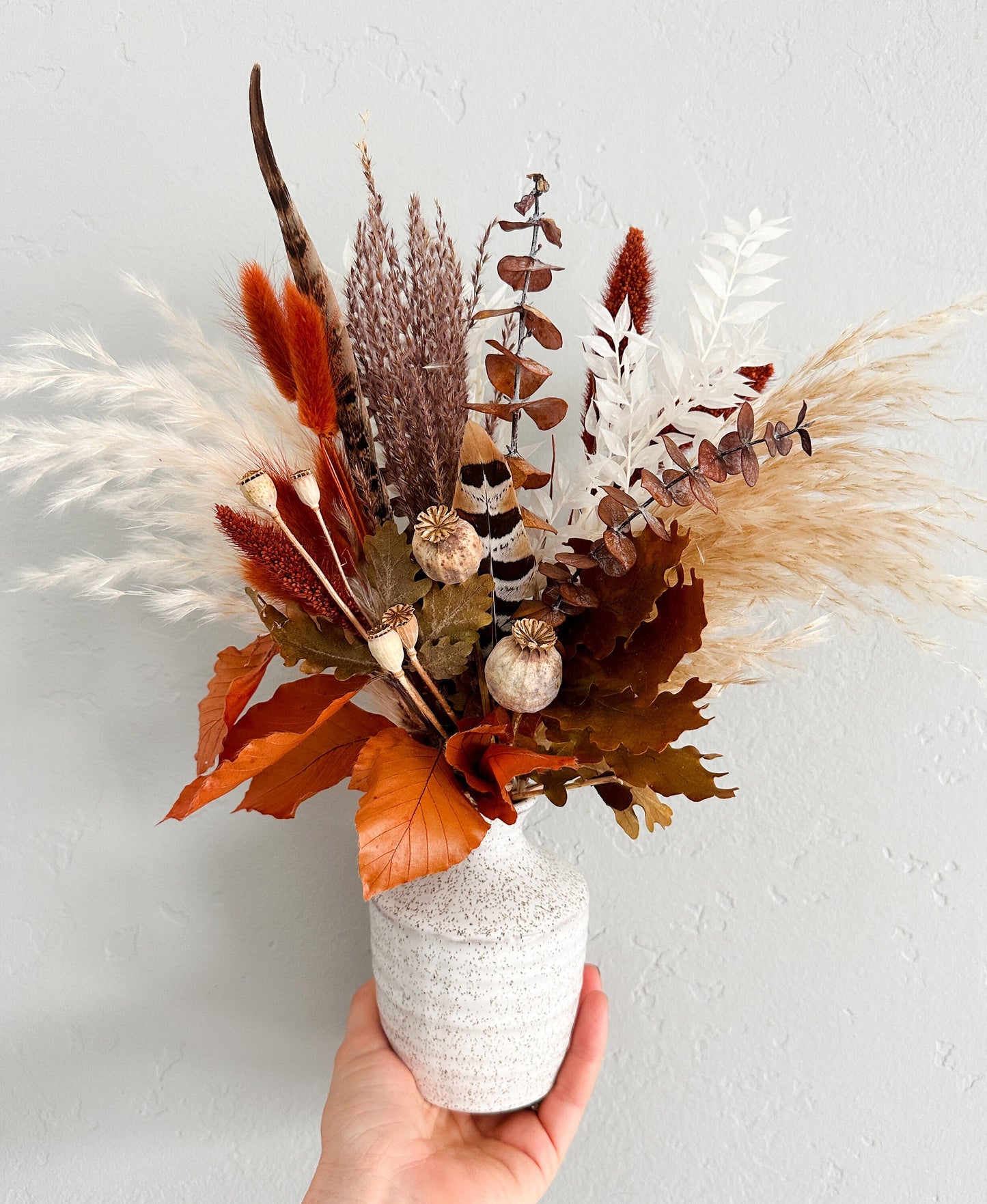 Fall Leaf and Pheasant Feather Dried Flower Bud Vase Centerpiece