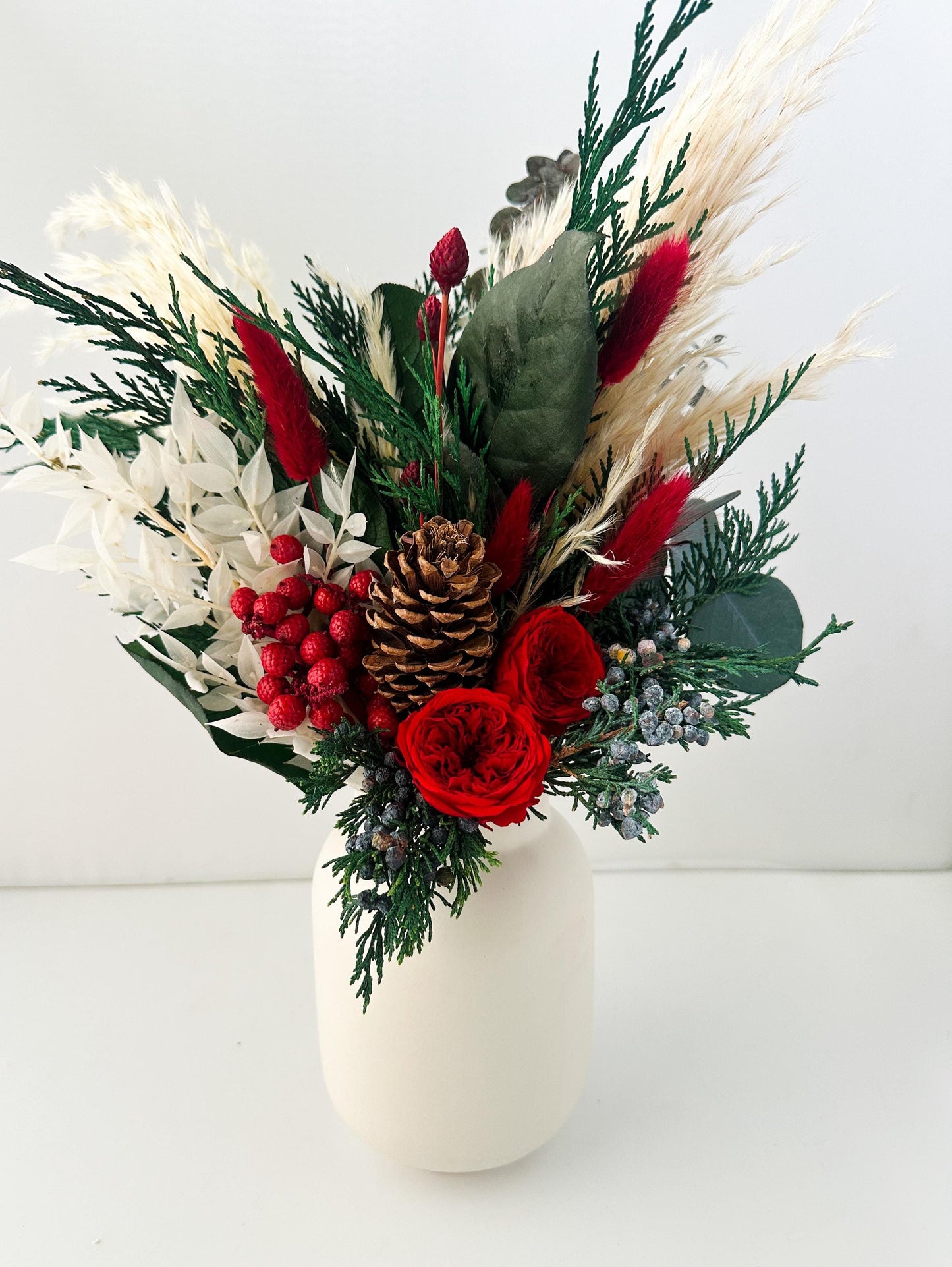 Red + White Holiday Centerpiece with Fragrant Cedar + Juniper/ Dried Flower Bouquet