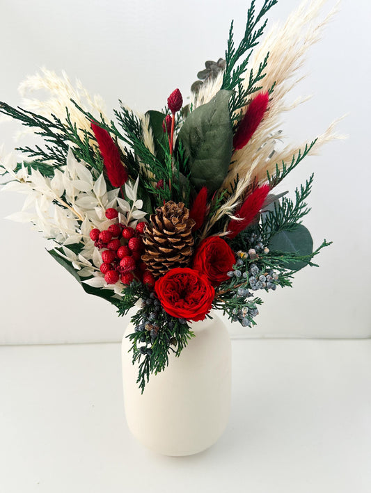 Red + White Holiday Centerpiece with Fragrant Cedar + Juniper/ Dried Flower Bouquet