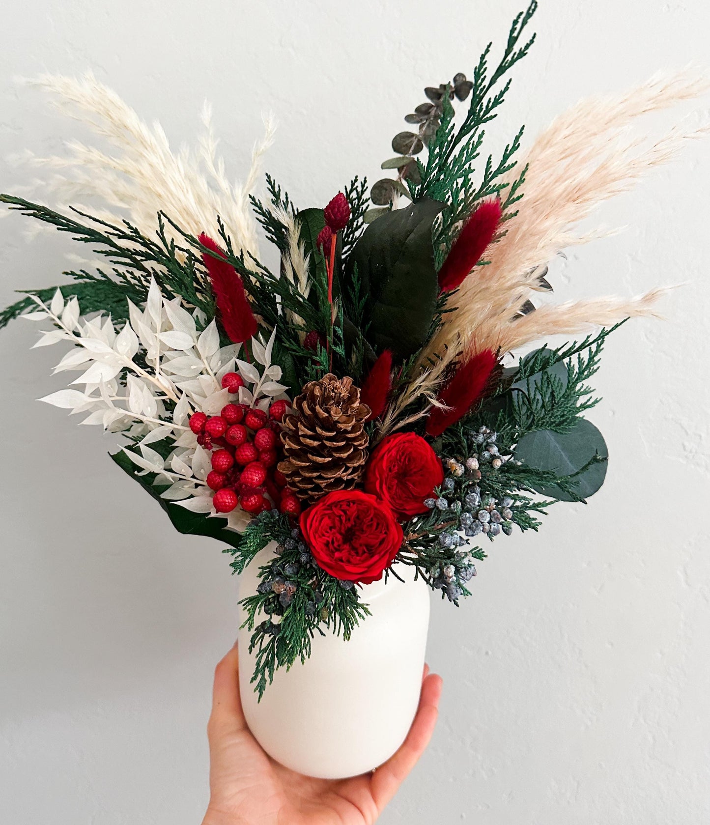 Red + White Holiday Centerpiece with Fragrant Cedar + Juniper/ Dried Flower Bouquet