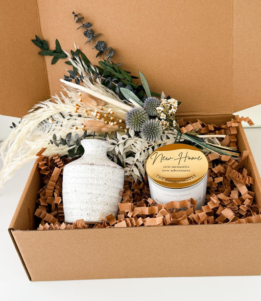 Housewarming New Home Gift Box with Personalized Candle and Small Dried Flower Arrangement