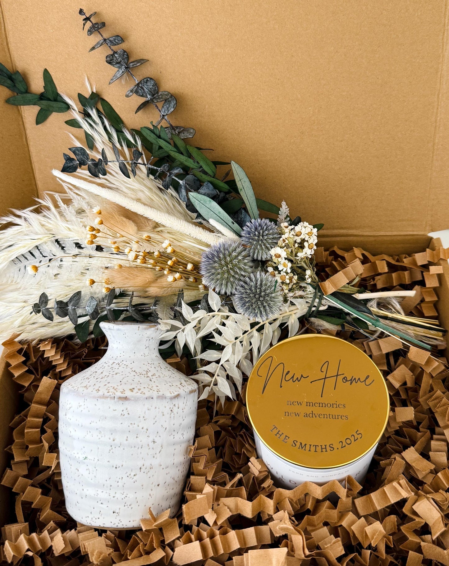 Housewarming New Home Gift Box with Personalized Candle and Small Dried Flower Arrangement