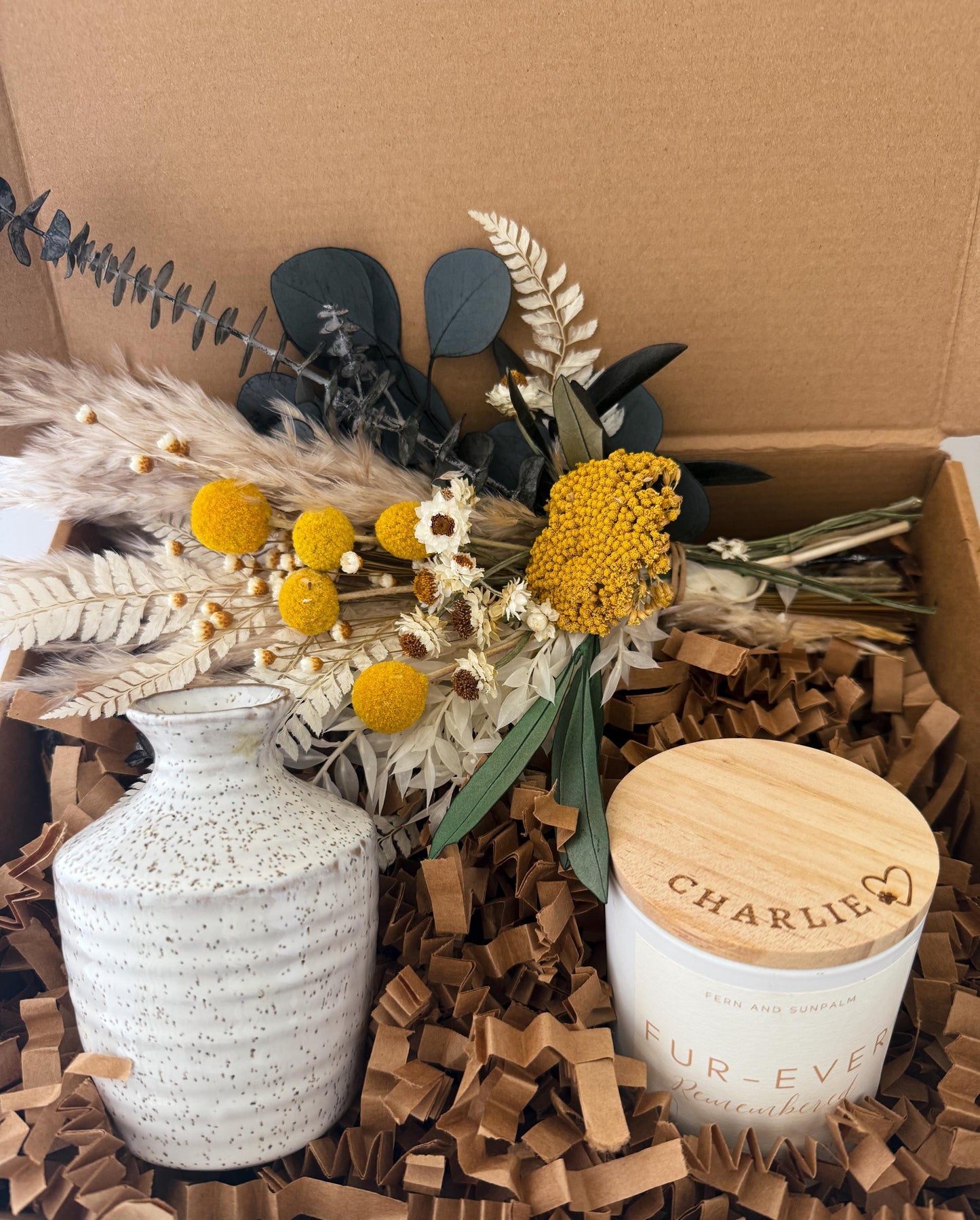 Pet Sympathy Gift Box with Candle and Small Dried Flower Arrangement