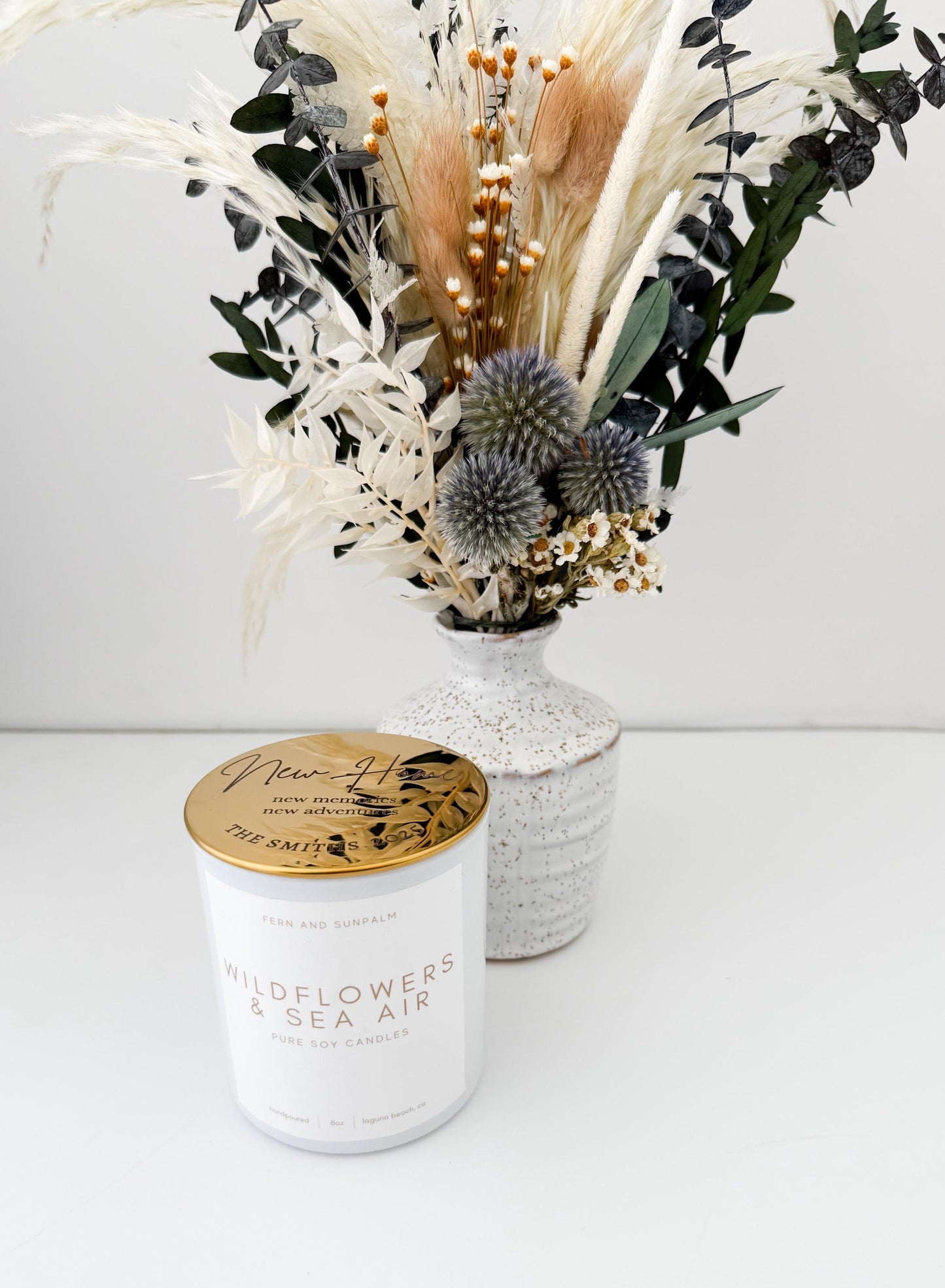 Housewarming New Home Gift Box with Personalized Candle and Small Dried Flower Arrangement