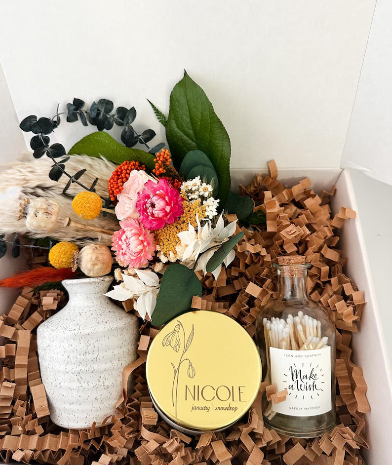 Happy Birthday Gift Box with Candle and Small Dried Flower Arrangement