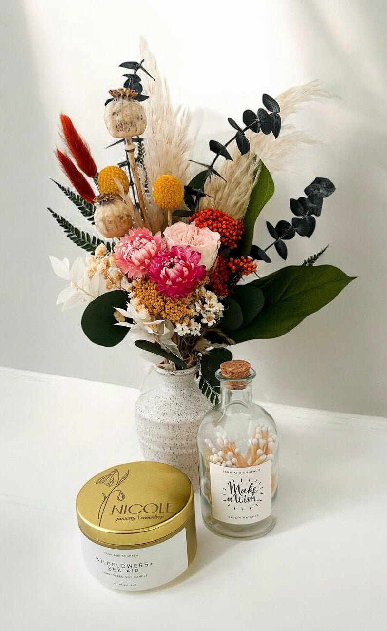 Happy Birthday Gift Box with Candle and Small Dried Flower Arrangement