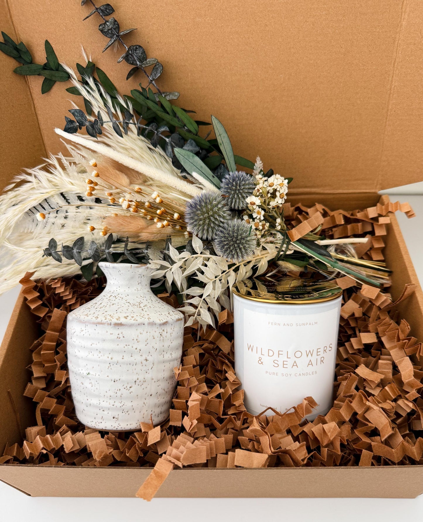 Housewarming New Home Gift Box with Personalized Candle and Small Dried Flower Arrangement