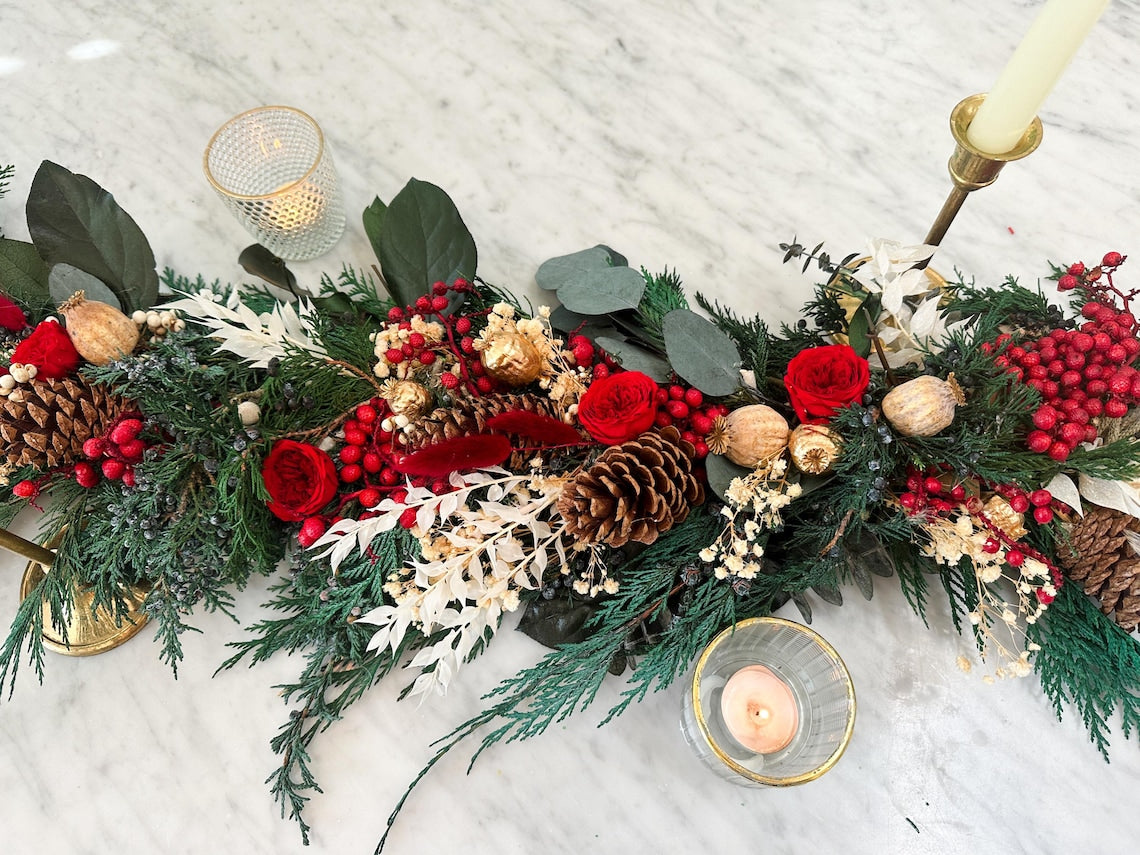 Red and Green Dried Floral Garland/ Christmas centerpiece/ Mantle/ Table Centerpiece