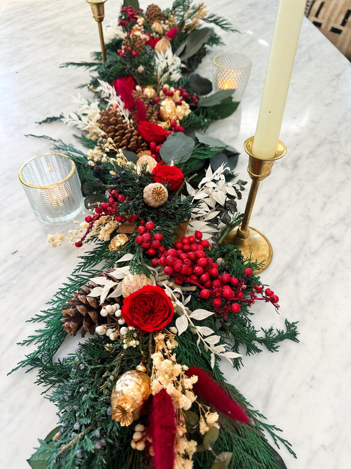 Red and Green Dried Floral Garland/ Christmas centerpiece/ Mantle/ Table Centerpiece