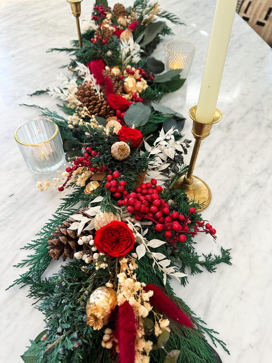 Red and Green Dried Floral Garland/ Christmas centerpiece/ Mantle/ Table Centerpiece