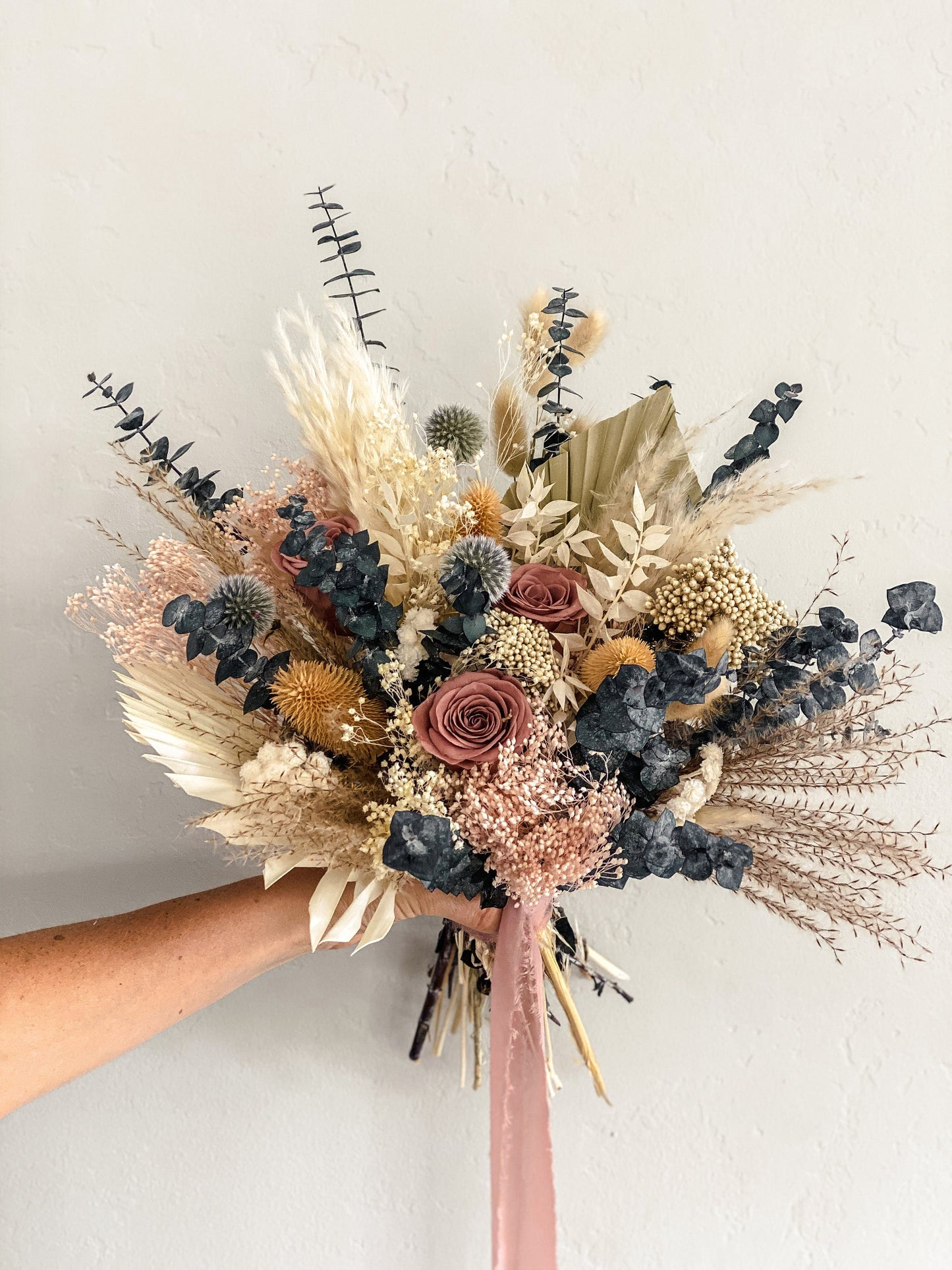 Dusty Rose + Dusty Blue Pampas Grass Bouquet/ Bride and Bridesmaids/ Dried Flower Bouquet/ Wedding Flowers