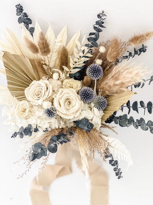 Dusty blue thistle and pampas grass bouquet/ Bride and Bridesmaids/ Dried Flower Bouquet/ Wedding Flowers