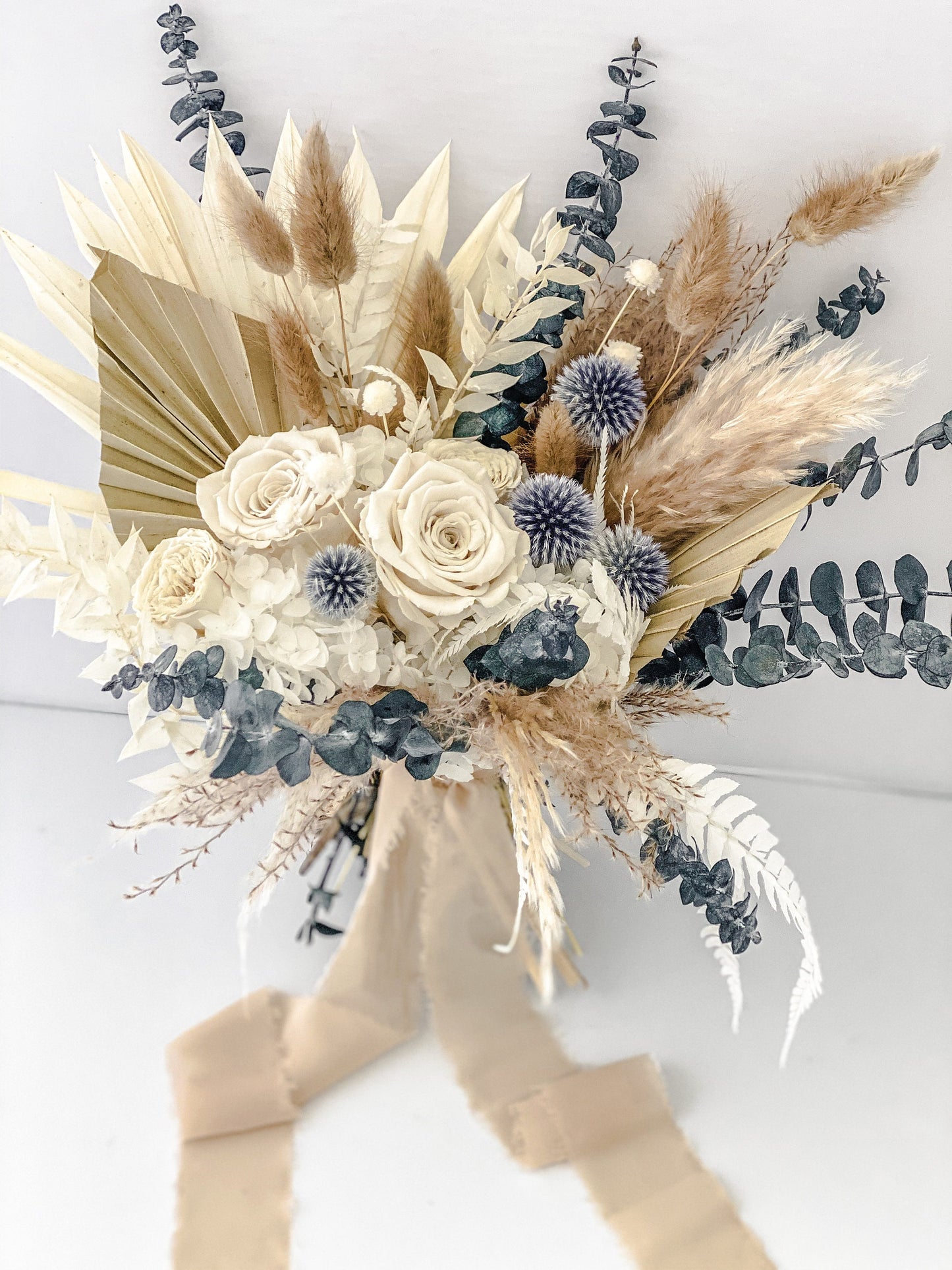 Dusty blue thistle and pampas grass bouquet/ Bride and Bridesmaids/ Dried Flower Bouquet/ Wedding Flowers