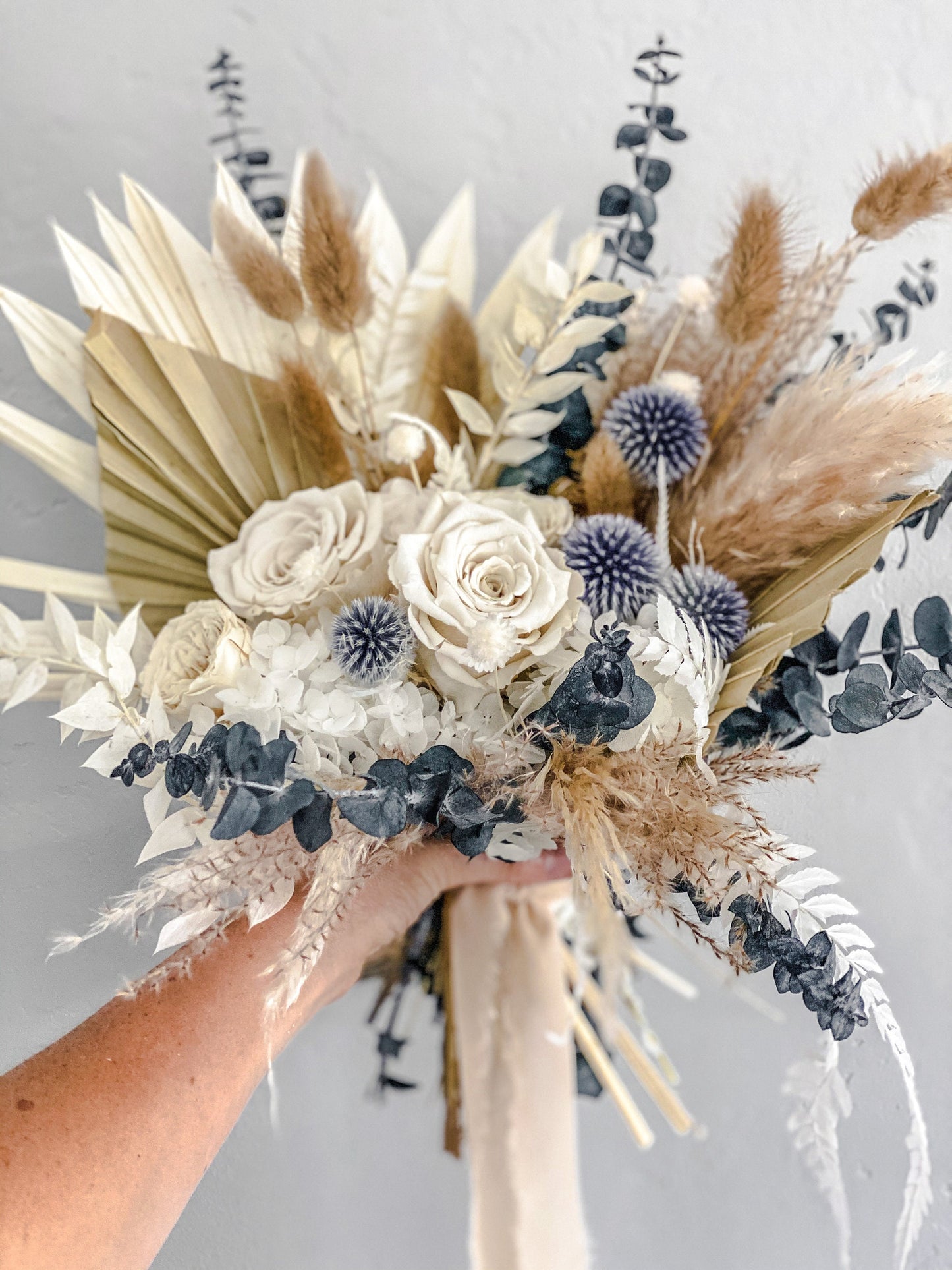 Dusty blue thistle and pampas grass bouquet/ Bride and Bridesmaids/ Dried Flower Bouquet/ Wedding Flowers