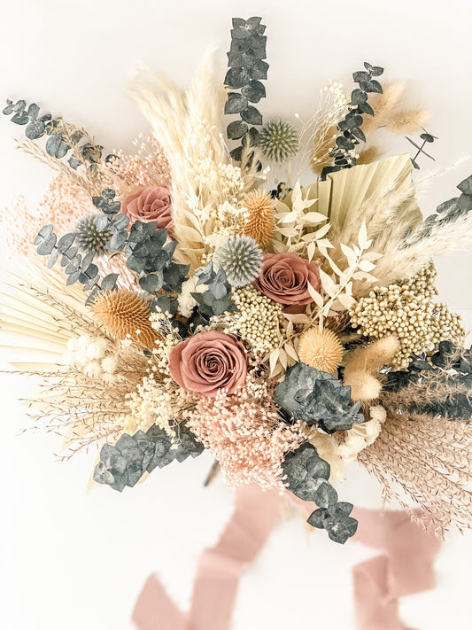 Dusty Rose + Dusty Blue Pampas Grass Bouquet/ Bride and Bridesmaids/ Dried Flower Bouquet/ Wedding Flowers