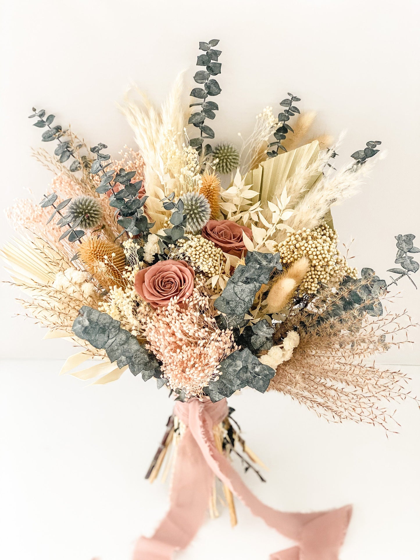 Dusty Rose + Dusty Blue Pampas Grass Bouquet/ Bride and Bridesmaids/ Dried Flower Bouquet/ Wedding Flowers