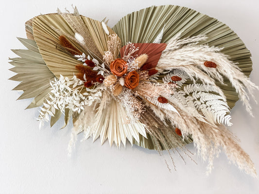Rust colored pampas and palm wall decor, wedding arch decor, backdrop decor